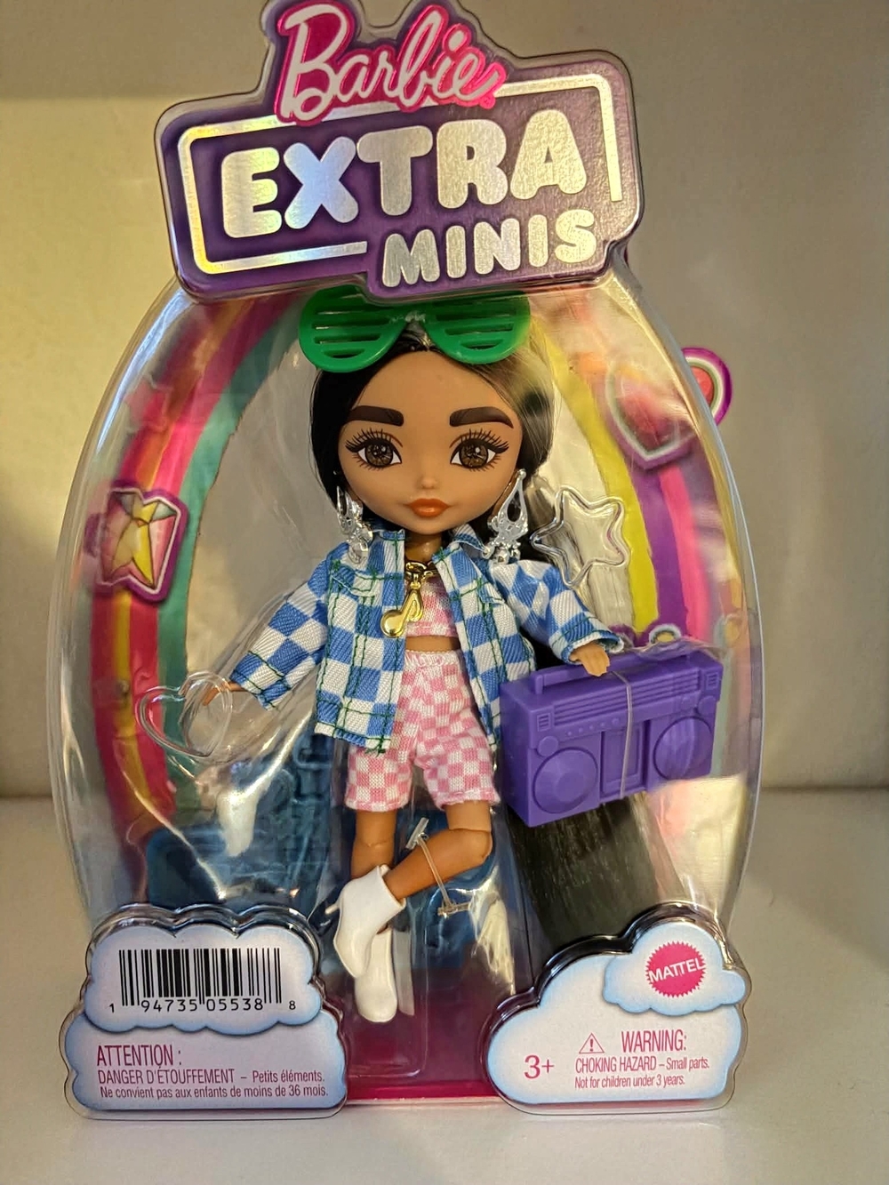Barbie Extra Minis Doll #2 Blue Checkered Jacket Sunglasses Accessories New